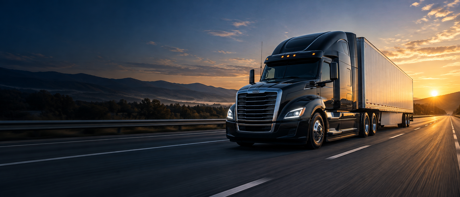 Modern tractor trailer traveling on an interstate at sunrise